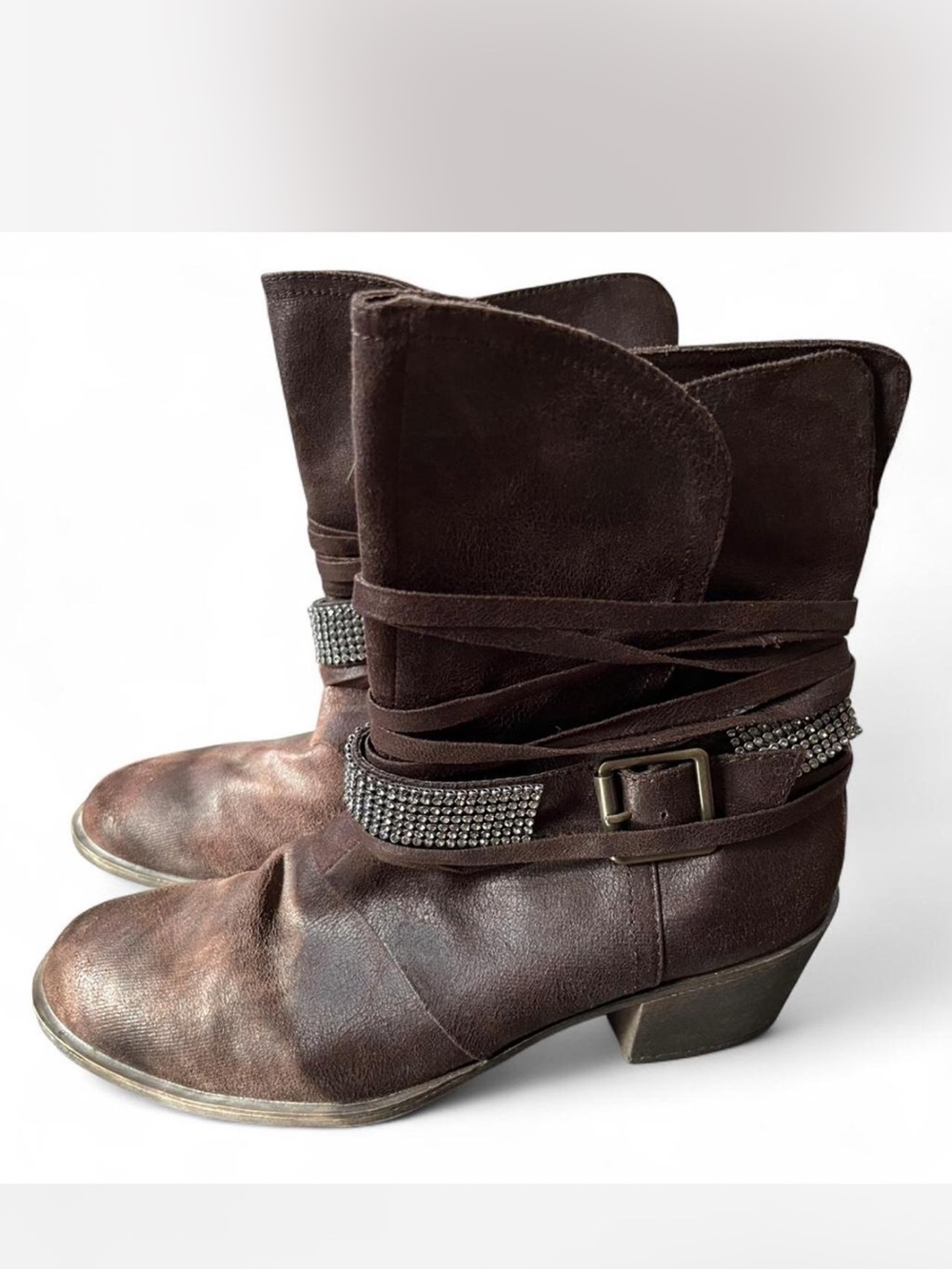 Vintage Rampage Dark Brown Suede Wrap-Detail Ankle Boots